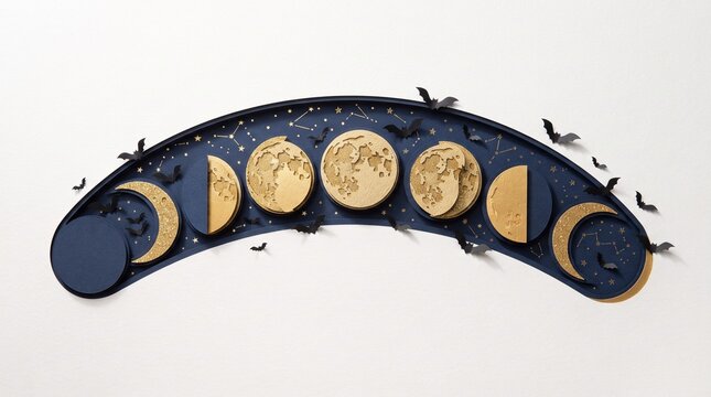 Paper cut moon phases cycle with gold textured craters and small bats on a dark blue background