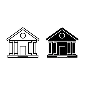 Bank building icons with columns and pediments in black and white