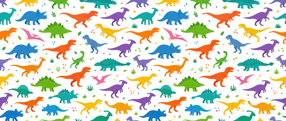 Colorful Cartoon Dinosaurs Pattern on White Background © clara