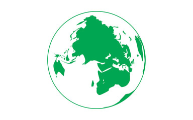 Green globe icon showing Europe, Asia, and Africa in a clean circular design. Minimal world map symbol represents geography and global connection. Perfect for travel, education, ecology, and business. © Sk