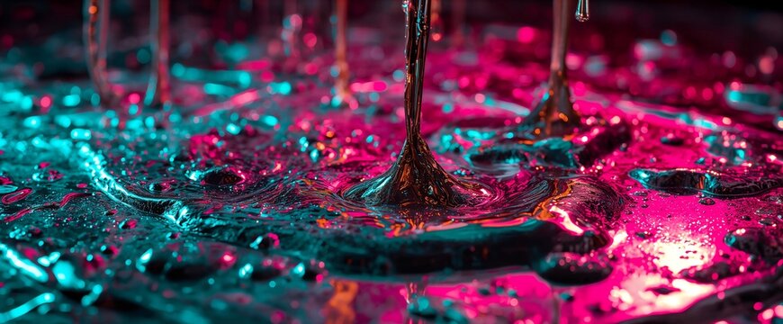 Close up molten metallic fluid pouring onto surface with neon cyan and pink reflections