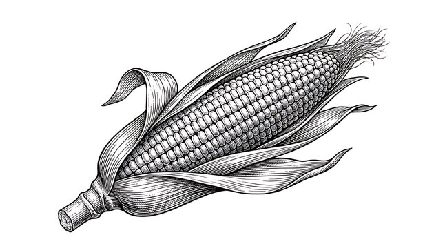 Detailed black and white ink illustration of a single corn cob with husks