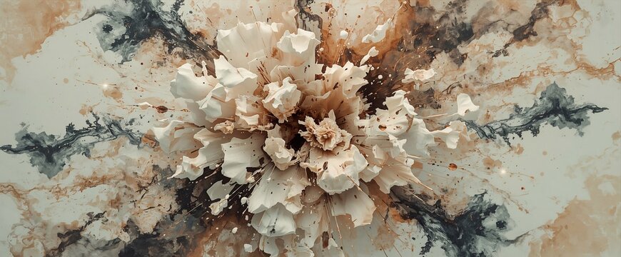 3D floral burst abstract art with gold particles and marble texture background