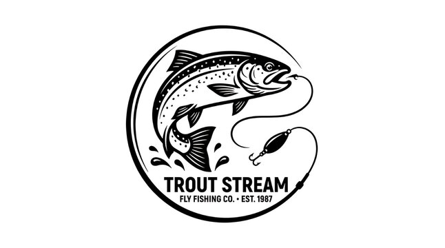 Vintage style trout fishing emblem with a jumping fish and lure in a circle