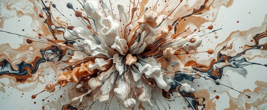 Dynamic paint explosion texture with swirling liquid splash in neutral brown and navy tones