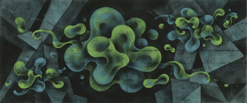 Abstract graffiti artwork with green organic liquid blobs and geometric dark background
