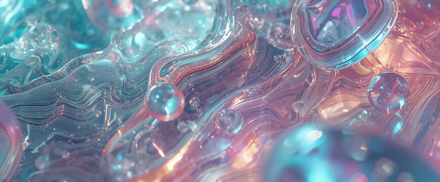 Iridescent liquid glass background with flowing pastel waves and glowing water droplets