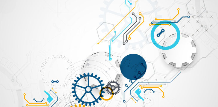 Abstract technology background with colorful gears, circuit board elements, geometric circles, and futuristic mechanism concept. Vector.