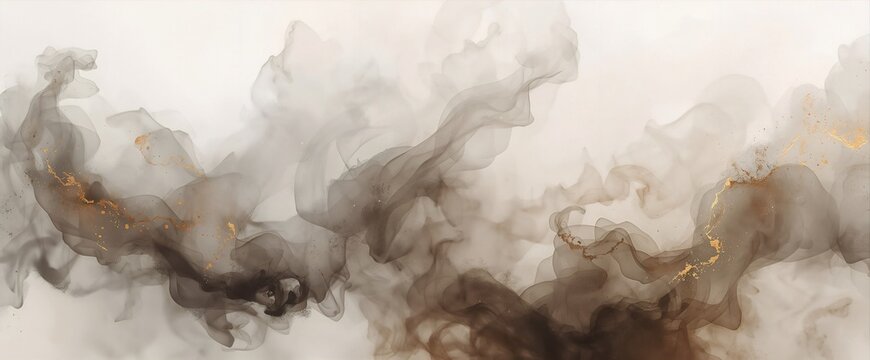 Minimalist black fluid smoke plume with delicate golden ink veins on white background