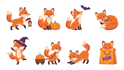Obraz premium Halloween Fox Character Pose Set Vector Illustration, Lantern Pumpkin Bat Cart Stretching Cute Animal Flat Design Isolated