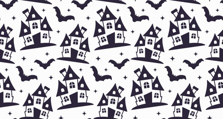 Fototapeta premium Seamless pattern featuring spooky haunted houses and flying bats for Halloween.