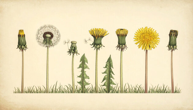 Dandelion bud flower and seed clock shown in row on antique educational plate generative AI