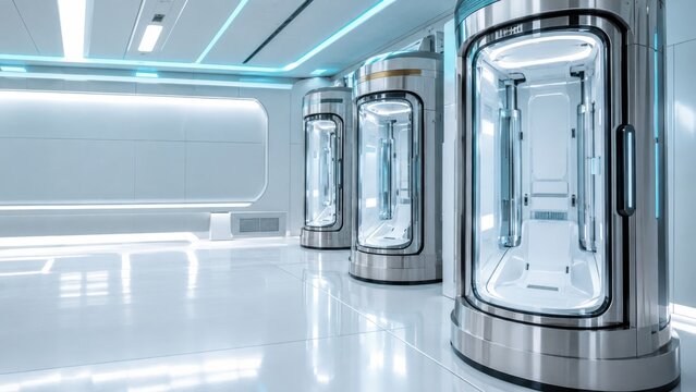 Futuristic laboratory with modern cryogenic sleep pods. Sleek white sci-fi interior with glowing blue lights and capsule beds.