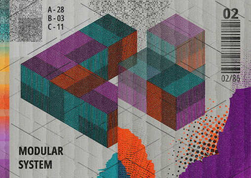 Retro geometric modular composition with isometric blocks, halftone dots and tactile paper grain. Abstract tech background. Bold grunge vector graphic design