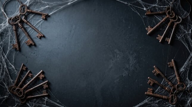 Antique skeleton keys arranged with cobwebs on a dark textured background for mystery and secrets