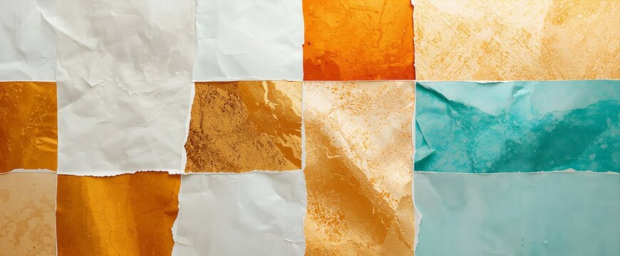 Minimalist paper collage background with torn edges, textured golden leaf, soft teal and white layers