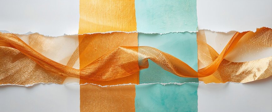 Minimalist composition featuring flowing golden silk ribbon across torn paper background in teal and cream