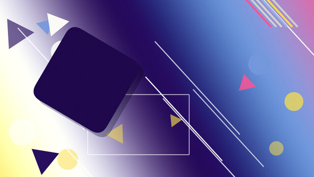 A navy rounded square sits over a luminous blue and gold gradient, surrounded by bright triangles and circles in a polished abstract composition suited to corporate visuals.