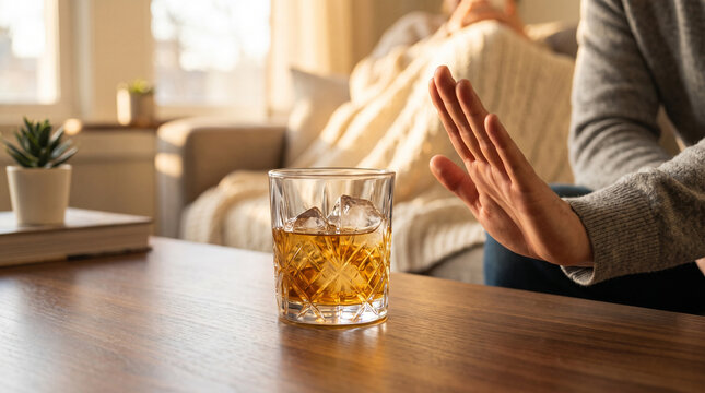 Glass of whiskey on a wooden table is declined by a person gesturing stop in a warm room.