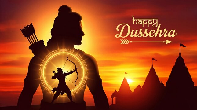 Happy Dussehra background with dual silhouette of Lord Rama and ancient temple skyline at sunset.
