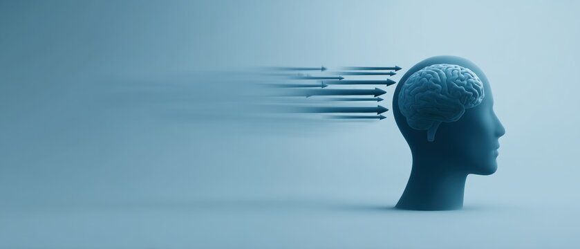 Conceptual illustration of the human brain with arrows signifying speed and focus on a blue background