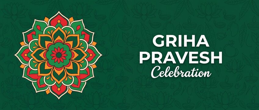 Griha Pravesh Housewarming Invitation Banner with traditional colorful floral rangoli mandala design on dark green background featuring auspicious Indian cultural motifs for festive ceremony celebrati