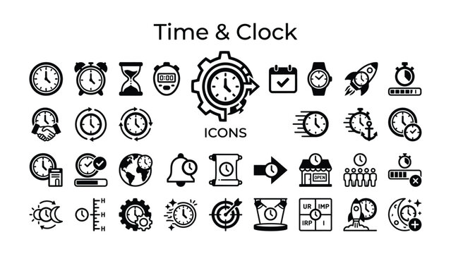 Time and Clock Icons Set: A comprehensive collection of line art icons representing various aspects of time, clocks, scheduling, and time management, perfect for modern digital interfaces.