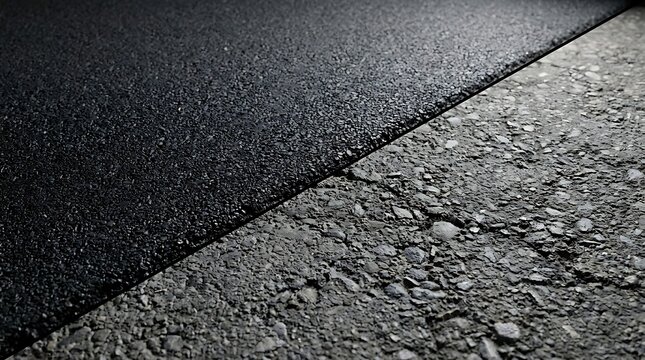 A close-up split comparison showing an asphalt texture of fresh smooth black pavement against old weathered rough road