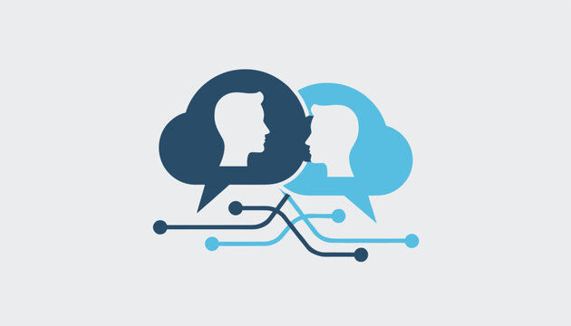 Tech communication concept showing two human profiles in speech bubbles connected by circuit lines on light grey.
