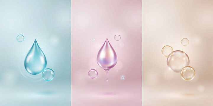 Floating liquid water drops and bubbles in blue, pink, and gold color themes on background