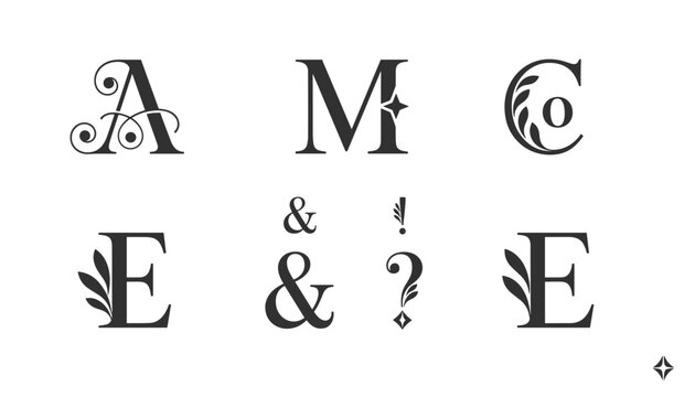 Vintage elegant monograms and decorative characters featuring ornate letterforms, ampersand, and question mark symbols.