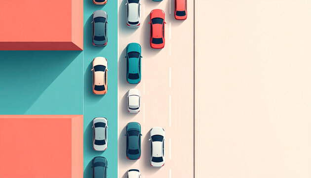 Long line of cars funnelling into narrow gap between blocks in flat vector overhead illustration generative AI
