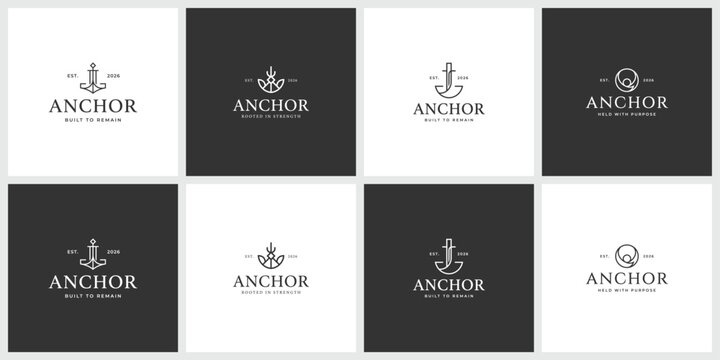 Set of eight vintage style anchor logo templates for seafaring branding