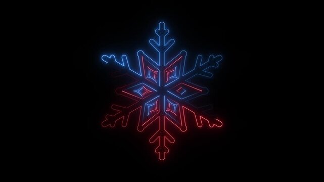 Glowing red and blue neon snowflake on black background