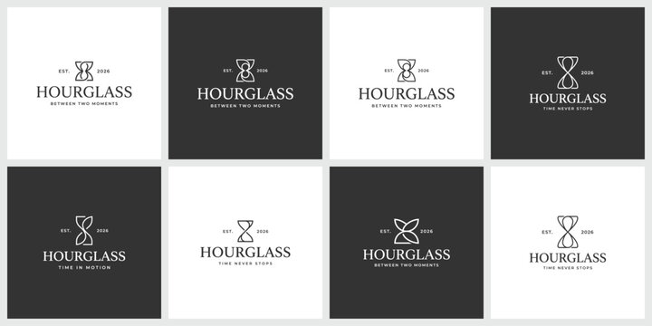Set of eight hourglass logo design elements in minimalist style with hourglass
