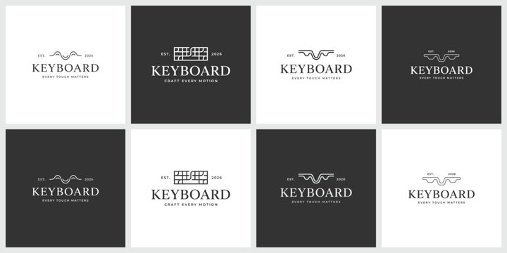 Set of eight computer keyboard logo design elements in minimalist style