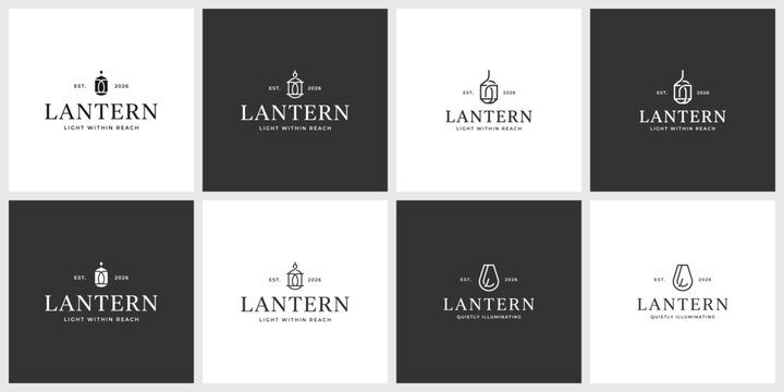 Set of eight lantern logo design elements in minimalist style with lighting
