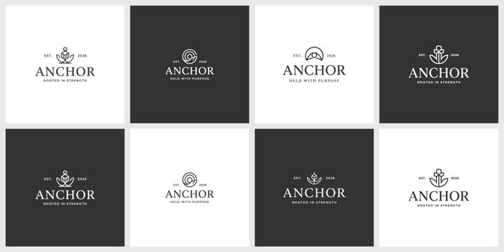 Set of eight anchor logo design elements in minimalist style with nautical