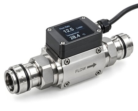 Digital Inline Coolant Flow Meter Isolated on White Background