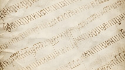 Fototapeta premium 오래된 종이 질감 위에 은은하게 인쇄된 빈티지 음악 악보와 오선지 Vintage musical score and staff printed softly on an aged paper texture