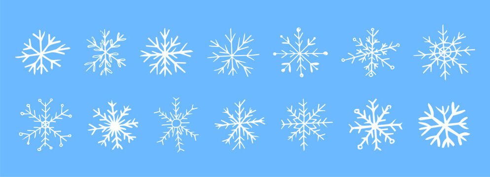 Doodle snowflake, hand drawn winter snowflake stars crayon scribble texture. Set retro y2k winter themes, holiday designs, and seasonal decorative graphics.