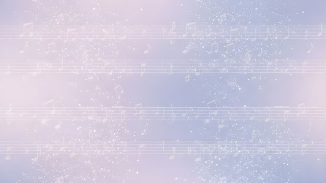 신비로운 연보라빛 하늘 배경 위에 은은하게 흩날리는 음표와 악보 패턴
Subtle musical notes and score patterns floating over a mystical light purple sky background
