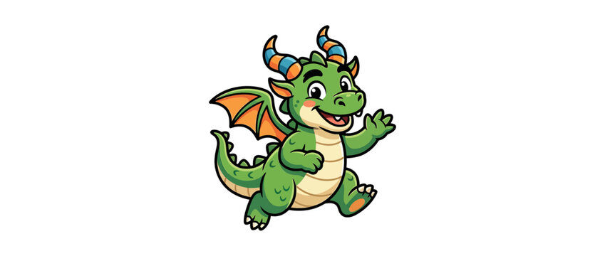 Cute cartoon green dragon character waving hello