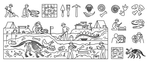 Paleontology illustration: digging for fossils and dinosaur skeletons © cokroa