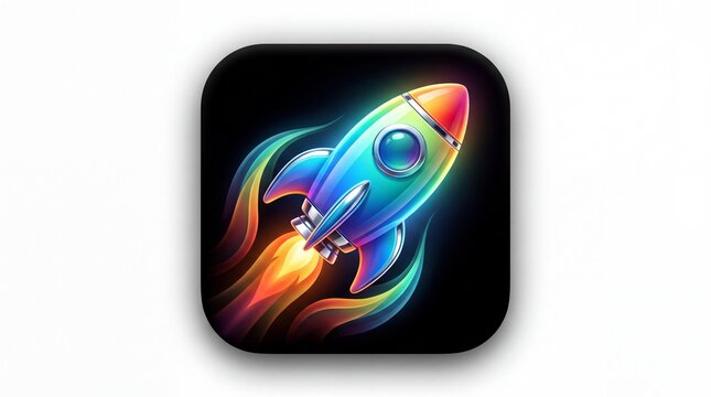 Colorful rocket ship icon launching on a black background