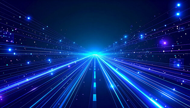 Wide glowing data highway narrowing into thin channel with cube packets stacked before it generative AI