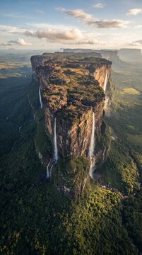 Mount Roraima Golden Hour Aerial View, Tepui Mountain and Tropical Wilderness Landscape