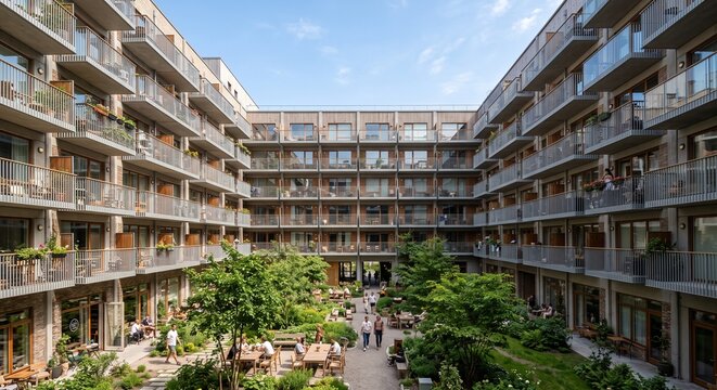 Inner courtyard of modern residential apartment building with lush greenery