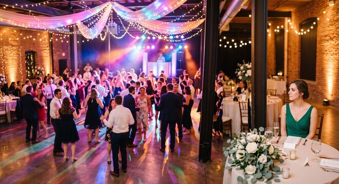 Woman sitting alone at table while guests dance at wedding reception