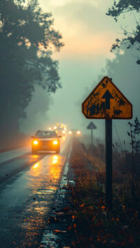 Blank diversion arrow board standing at roadside with blurred queue of headlights in fog generative AI